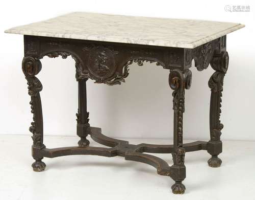 Table de milieu Louis XIV en bois sculpté et patiné noir orn...