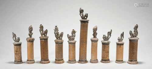 Group of Ten Chinese Carved Wood & Bamboo Covered