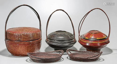 Group of Five Chinese Lacquered and Wood Baskets and