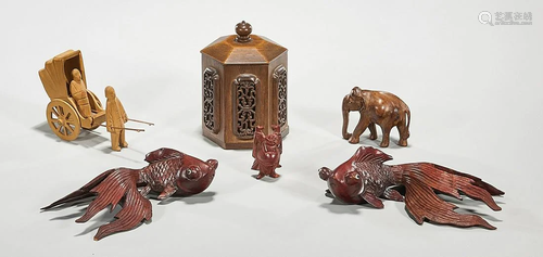 Group of Six Chinese and Japanese Wood Carvings