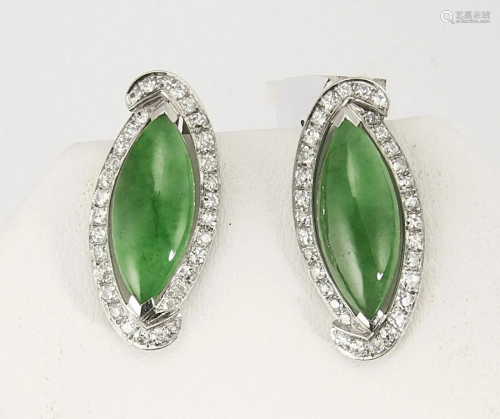 Pair Navette Jadeite & Diamond Ear Clips