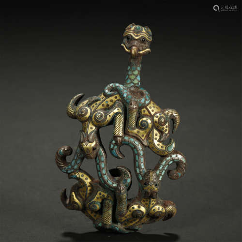 ANCIENT CHINESE,GOLD AND SILVER TURQUOISES-INLAID BRONZE GAR...