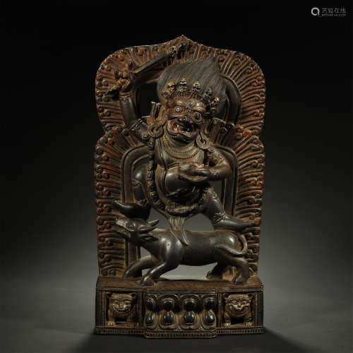 QING DYNASTY,BLACK STONE CARVING PAINTED BUDDHA STATUE