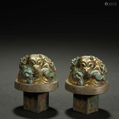 ANCIENT CHINESE,GOLD AND SILVER TURQUOISES-INLAID BRONZE ORN...