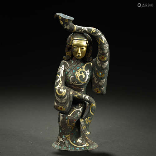 ANCIENT CHINESE,GOLD AND SILVER TURQUOISES-INLAID BRONZE FIG...