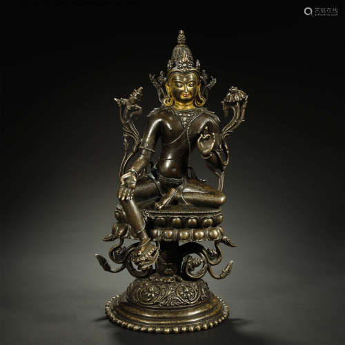 ANCIENT TIBETAN SILVER-INLAID BRONZE BUDDHA STATUE