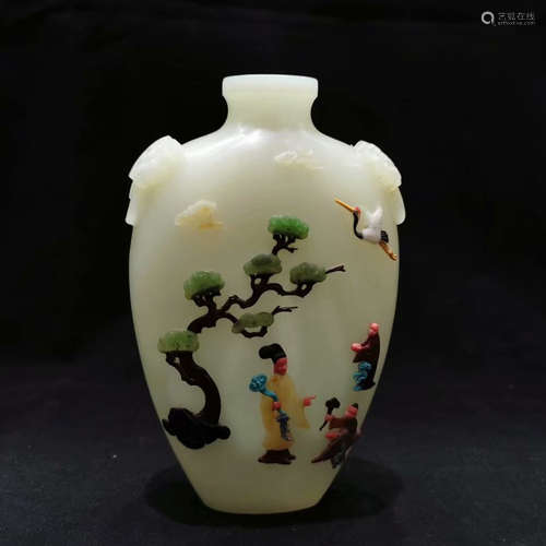 A CHINESE HARDSTONE-INLAID HETIAN JADE SNUFF BOTTLE