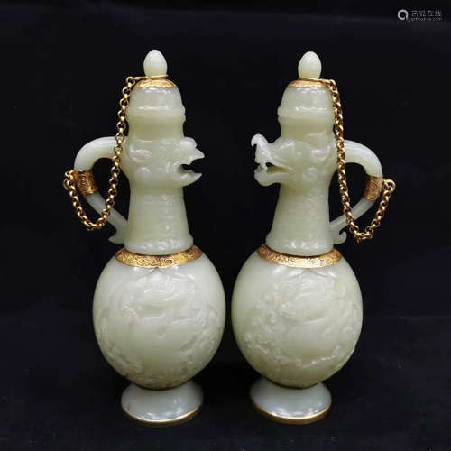 A PAIR OF CHINESE HETIAN JADE CARVED PHOENIX HEAD POTS