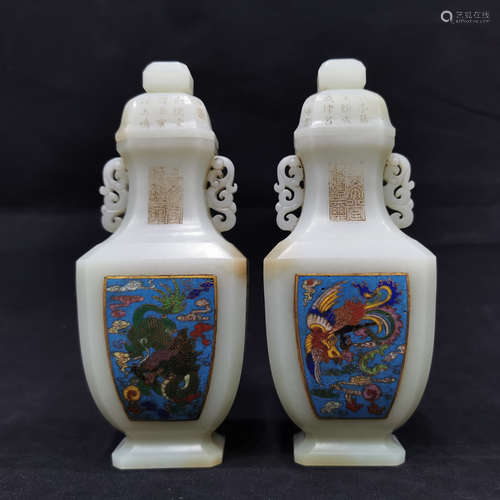 A PAIR OF GILT-BRONZE CLOISONNE ENAMEL INLAID HETIAN JADE VA...