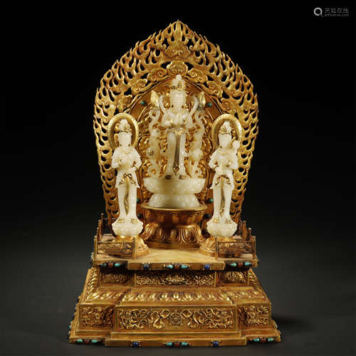 A SET OF HETIAN JADE BUDDHA STATUES GILE-BRONZE BASE