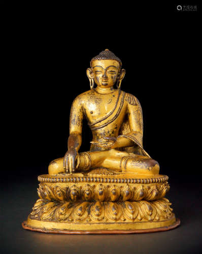 尼泊爾馬拉王朝 銅鎏金釋迦摩尼佛像