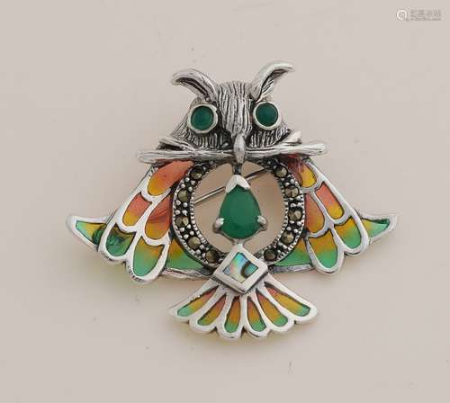 Silver brooch with enamel owl