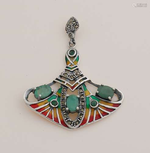 Silver pendant with enamel and green stone