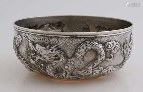 Silver bowl with dragon decoration, Chinese