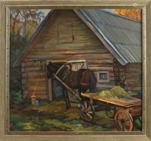 A. Sokolov, Horse cart near log cabin