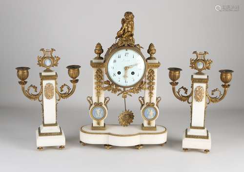 French Napoleon III Carrara mantel clock set, 1880