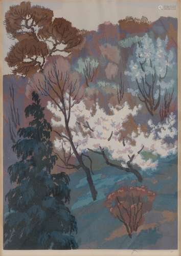 Unclear. sig., Forest scene with blossoms