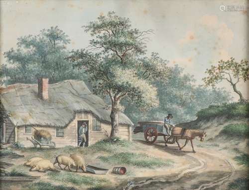 NC Penning fecit, Cottage with figures, horse cart and pigs