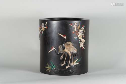 chinese red sandalwood brush pot inlaid gems