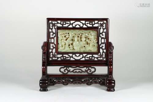 chinese hongmu inkstone screen inlaid yellow jade