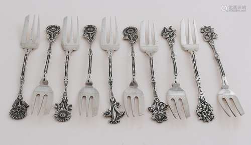 Ten silver pastry forks