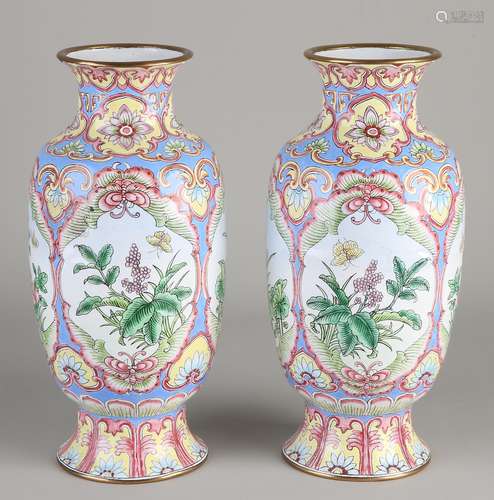 2 Enamel vases on a brass base