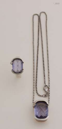 Silver necklace, pendant and ring with purple stone