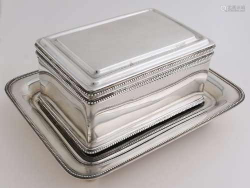 Silver biscuit tin, with saucer, 1871