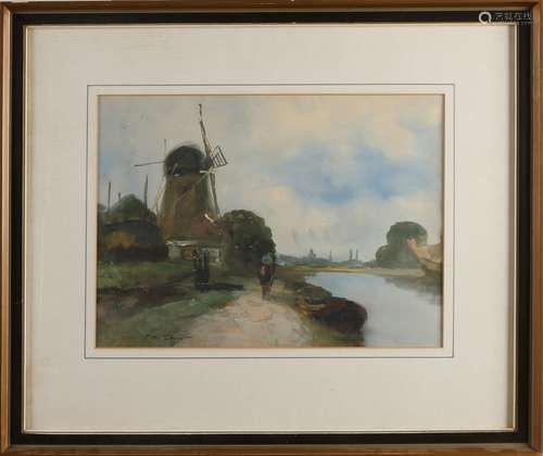 C. de Zeeuw, River view with rider and windmill