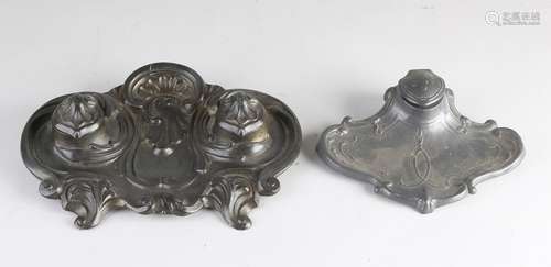 Two antique pewter inkstands