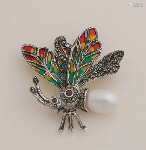 Silver enamel brooch with pearl