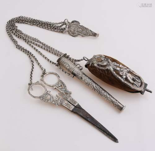 Silver chatelaine with scissors, etc.