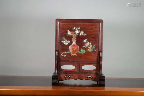 chinese hongmu inkstone screen inlaid yellow gems