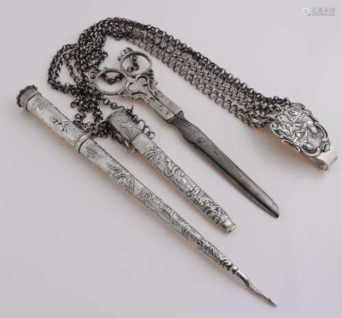 Silver chatelaine with scissors and tubes