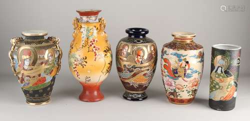 5 Antique Japanese Satsuma vases