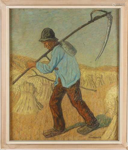 CA van Assendelft, Farmer with scythe in sheaves of wheat la...