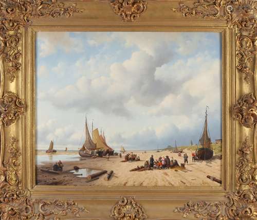 Anton Karssen, a Dutch beach scene with barge boats and fish...