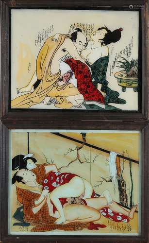 Two old Japanese behind-glass paintings, Erotic