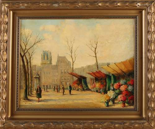 Unclear. signed, Cityscape with flower market