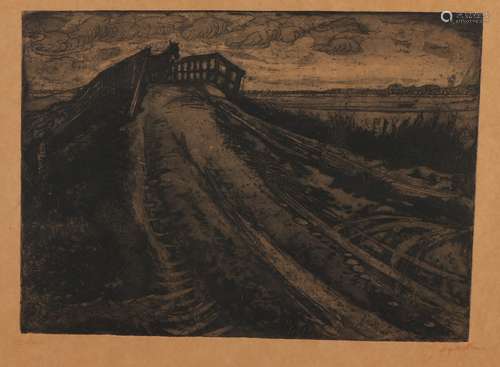 Johan Dijkstra, Landscape with a sandy path and wooden bridg...