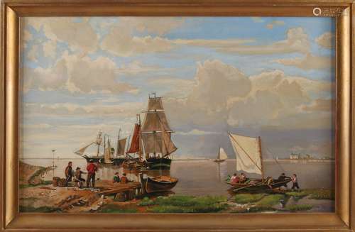 Not signed, Harbor view with boats