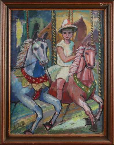 Unclear. signed, Child on carousel horse