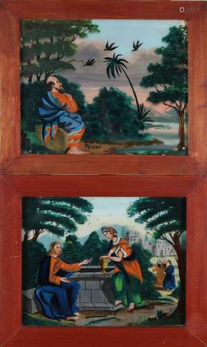 Two antique back-glass painting, Samaritan + Elias