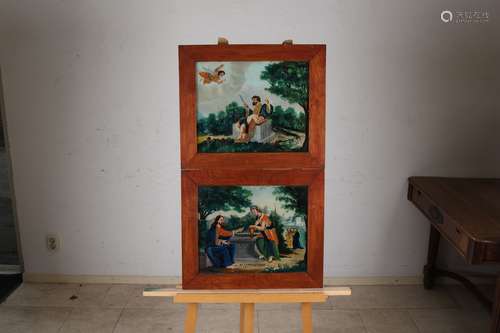 2x Behind-glass painting, Samaritan + Sacrifice of Abraham