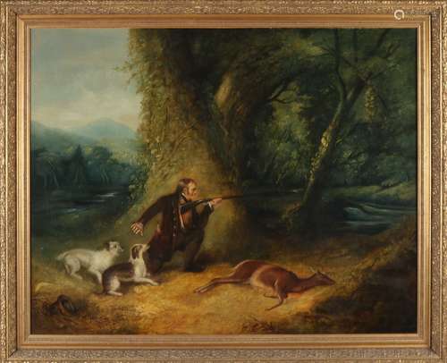 Not signed, Forest view with hunter, hunting dogs and deer