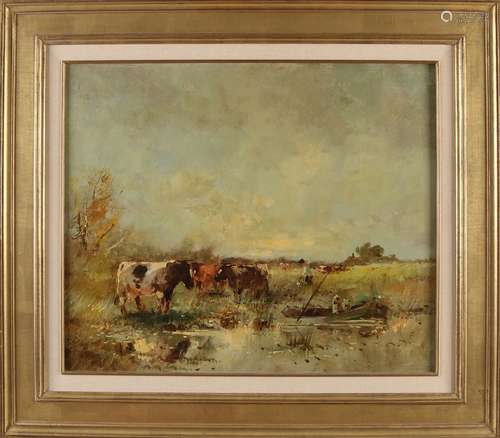 P. van Dinteren, Landscape with farmer and cows near waterin...