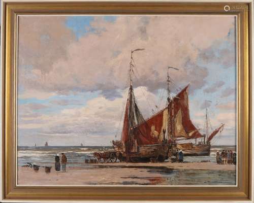 W. Hambüchen, Beach view with barge boats