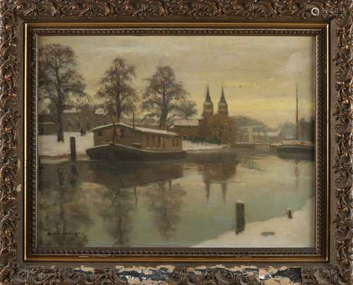 Arie Wassenburg, Winter townscape with houseboat