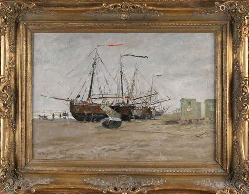 G. Boysen, Bomschuiten on the beach with fishermen