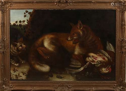 Not signed, Landscape with fox, cat and rooster